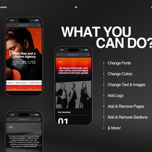 K&ouml;nnte beinhalten: Drei Smartphones zeigen Website-Designs mit dem Text "More than just a Creative Agency" und "What You Can Do?" auf dunklem Hintergrund. Optionen umfassen das &Auml;ndern von Schriftarten, Farben, Text, Bildern und mehr.