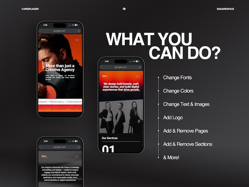 K&ouml;nnte beinhalten: Drei Smartphones zeigen Website-Designs mit dem Text "More than just a Creative Agency" und "What You Can Do?" auf dunklem Hintergrund. Optionen umfassen das &Auml;ndern von Schriftarten, Farben, Text, Bildern und mehr.