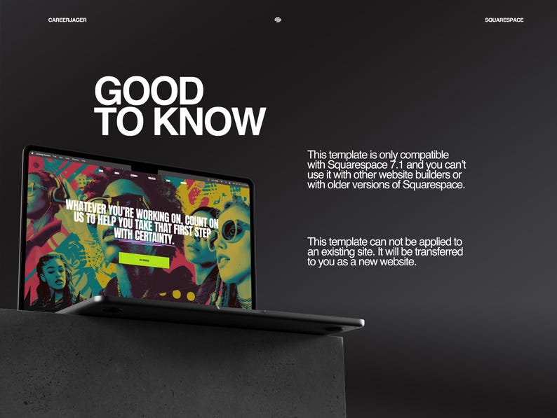 May include: A laptop displaying a colorful website design with the text "GOOD TO KNOW" in large white letters. The screen shows the text "WHATEVER YOU'RE WORKING ON, COUNT ON US TO HELP YOU TAKE THAT FIRST STEP WITH CERTAINTY." Additional text provides compatibility details.