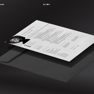 May include: A resume titled "Margarita Schulz" with a headshot, printed on white paper, is displayed at an angle. The resume is placed over a transparent, dark gray envelope. The words "CAREERJAGER" and "LEBENSLAUF" are printed at the top.