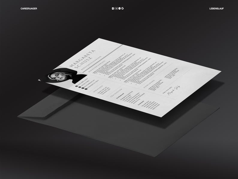 May include: A resume titled "Margarita Schulz" with a headshot, printed on white paper, is displayed at an angle. The resume is placed over a transparent, dark gray envelope. The words "CAREERJAGER" and "LEBENSLAUF" are printed at the top.