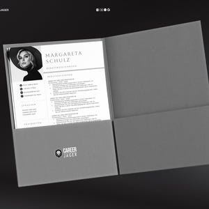 May include: A gray resume folder with a resume inside. The resume features a black and white photo of a woman wearing a hat. The resume includes the name "MARGARETA SCHULZ" and the text "CAREERJAGER" and "LEBENSLAUF".