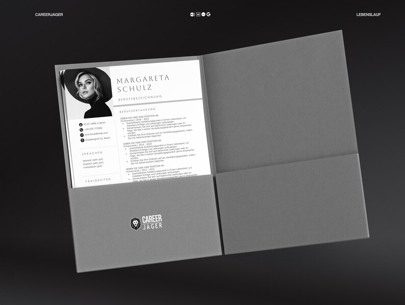 May include: A gray resume folder with a resume inside. The resume features a black and white photo of a woman wearing a hat. The resume includes the name "MARGARETA SCHULZ" and the text "CAREERJAGER" and "LEBENSLAUF".
