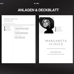 May include: A black and white resume template with the name "Margareta Schulz" at the top. The resume includes sections for contact information, work experience, education, and skills. The cover letter features a photo of a woman wearing a hat.