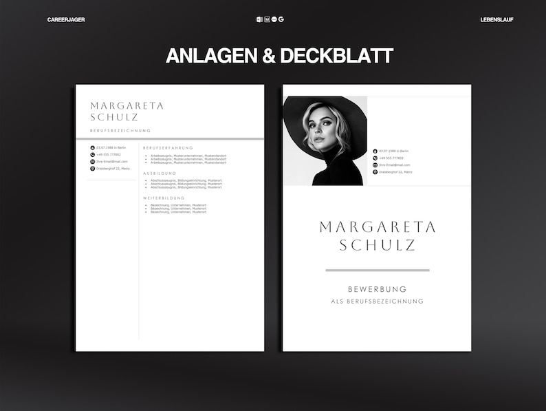 May include: A black and white resume template with the name "Margareta Schulz" at the top. The resume includes sections for contact information, work experience, education, and skills. The cover letter features a photo of a woman wearing a hat.