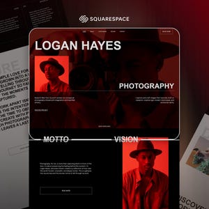 Könnte beinhalten: Ein Squarespace-Webdesign für Logan Hayes Photography mit einem rot-schwarzen Farbschema. Das Design enthält den Namen des Fotografen, das Wort "Fotografie" und die Wörter "Motto" und "Vision".