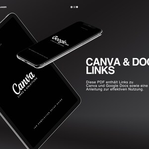 May include: A black tablet and smartphone with the Canva and Google Docs logos. The text "CANVA & DOCS LINKS" is displayed in white, along with additional German text. The overall theme is digital resources and guides.