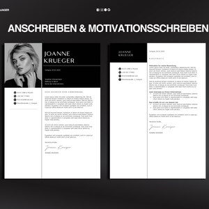May include: A black and white resume template with the name "Joanne Krueger" at the top. The resume includes contact information, a professional photo, and sections for experience and skills. The text "ANSCHREIBEN & MOTIVATIONSSCHREIBEN" is at the top.