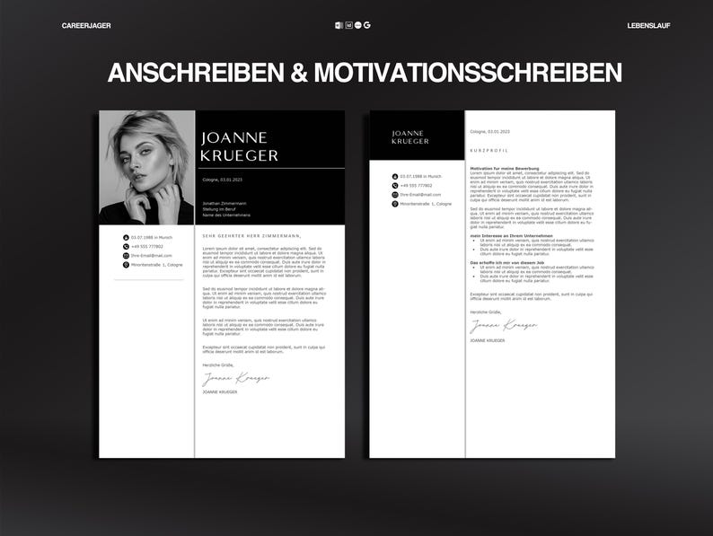 May include: A black and white resume template with the name "Joanne Krueger" at the top. The resume includes contact information, a professional photo, and sections for experience and skills. The text "ANSCHREIBEN & MOTIVATIONSSCHREIBEN" is at the top.