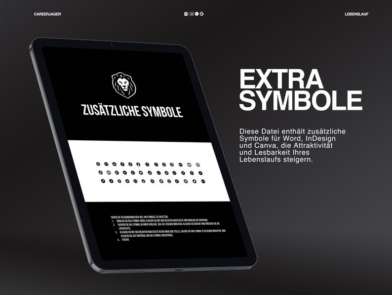 K&ouml;nnte beinhalten: Ein schwarzes Tablet zeigt wei&szlig;en Text: "EXTRA SYMBOLE" und "ZUS&Auml;TZLICHE SYMBOLE", mit einer Reihe kleiner schwarzer Kreise darunter. Das Tablet befindet sich vor einem dunkelgrauen Hintergrund.