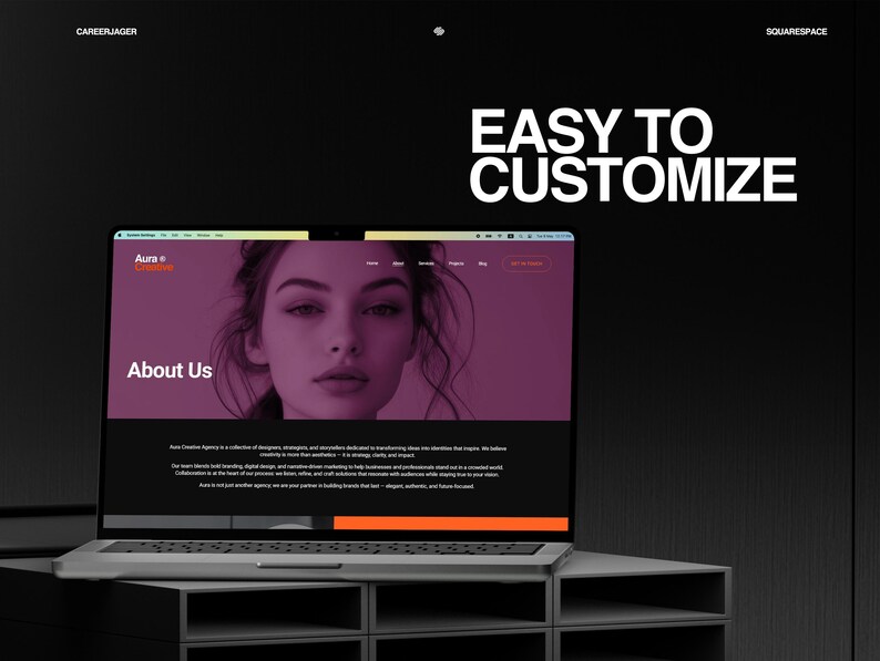 K&ouml;nnte beinhalten: Ein Laptop zeigt eine Website mit dem Text &bdquo;&Uuml;ber uns&ldquo; und dem Gesicht einer Frau. Die Website hat ein lila und orange Farbschema. Die Worte &bdquo;EASY TO CUSTOMIZE&ldquo; stehen in gro&szlig;en wei&szlig;en Buchstaben auf schwarzem Hintergrund.