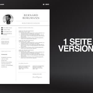 K&ouml;nnte beinhalten: Eine schwarz-wei&szlig;e Lebenslaufvorlage mit dem Namen "Bernard Bergmann" oben. Der Lebenslauf enth&auml;lt Abschnitte f&uuml;r Kontaktinformationen, F&auml;higkeiten und Berufserfahrung. Der Text "1 Seite Version" wird in Wei&szlig; auf schwarzem Hintergrund angezeigt.