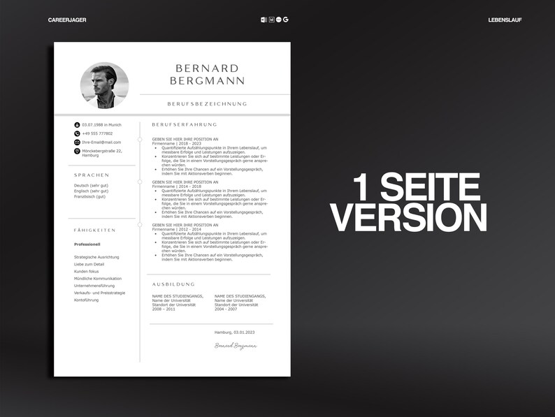 K&ouml;nnte beinhalten: Eine schwarz-wei&szlig;e Lebenslaufvorlage mit dem Namen "Bernard Bergmann" oben. Der Lebenslauf enth&auml;lt Abschnitte f&uuml;r Kontaktinformationen, F&auml;higkeiten und Berufserfahrung. Der Text "1 Seite Version" wird in Wei&szlig; auf schwarzem Hintergrund angezeigt.