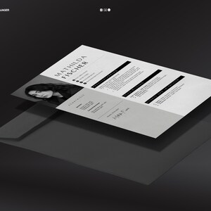 May include: A monochrome resume titled "MATHILDA FISCHER" with a photograph of a woman. The resume is on a dark grey surface. The word "CAREERJAGER" is at the top left, and "LEBENSLAUF" is at the top right.