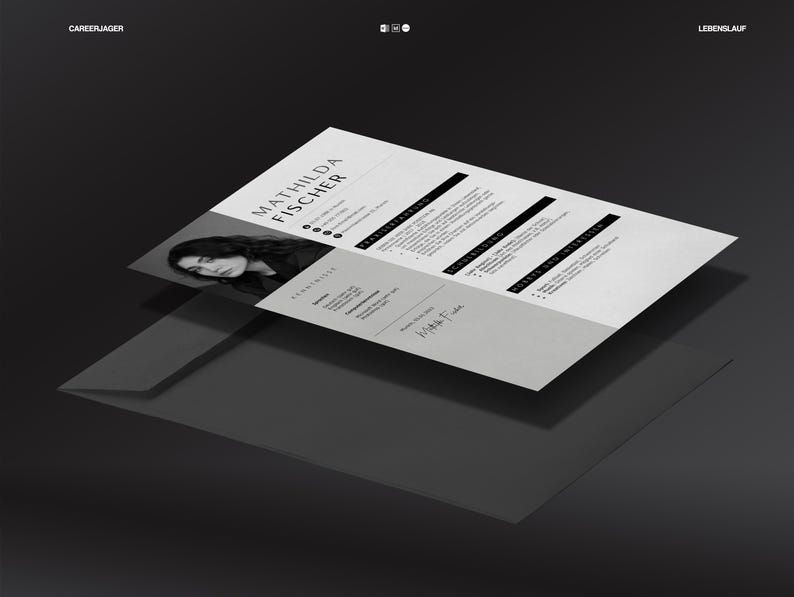 May include: A monochrome resume titled "MATHILDA FISCHER" with a photograph of a woman. The resume is on a dark grey surface. The word "CAREERJAGER" is at the top left, and "LEBENSLAUF" is at the top right.