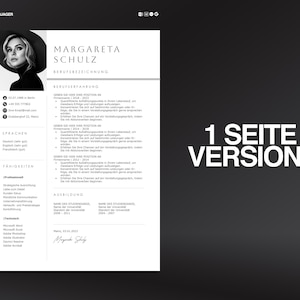 May include: A black and white resume template with a portrait of a woman wearing a hat. The resume includes sections for contact information, languages, skills, and experience. The text "1 Seite Version" is displayed in white.