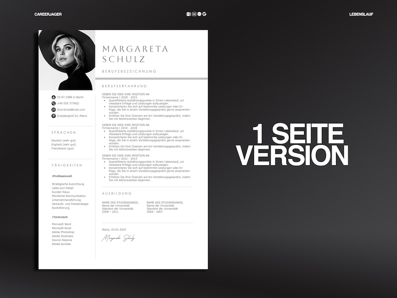 May include: A black and white resume template with a portrait of a woman wearing a hat. The resume includes sections for contact information, languages, skills, and experience. The text "1 Seite Version" is displayed in white.