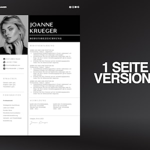 May include: A black and white resume template with the name "Joanne Krueger" at the top. The resume includes sections for professional experience, skills, and education. The text "1 Seite Version" is displayed in white on a black background.