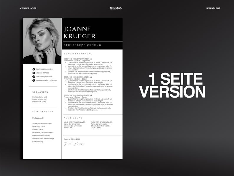 May include: A black and white resume template with the name "Joanne Krueger" at the top. The resume includes sections for professional experience, skills, and education. The text "1 Seite Version" is displayed in white on a black background.