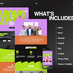 May include: A website design concept with a purple and green color scheme. The design includes the word "MONO" in large green letters, a smiling face, and the text "CREATIVE". The design also features a mobile phone mockup.