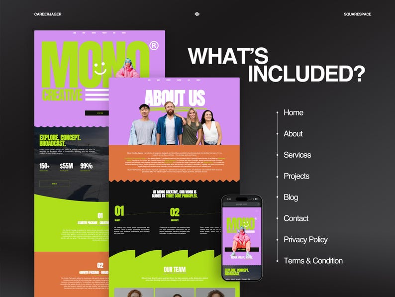 May include: A website design concept with a purple and green color scheme. The design includes the word "MONO" in large green letters, a smiling face, and the text "CREATIVE". The design also features a mobile phone mockup.