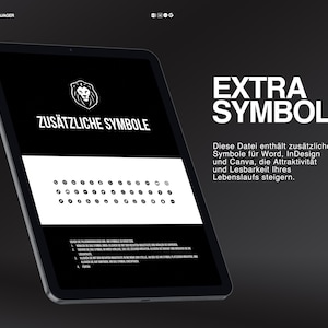 May include: A black tablet displays a white graphic with the text "ZUS&Auml;TZLICHE SYMBOLE" and a lion logo. The screen also shows a series of small black circles. The background is dark gray with the text "EXTRA SYMBOLE".