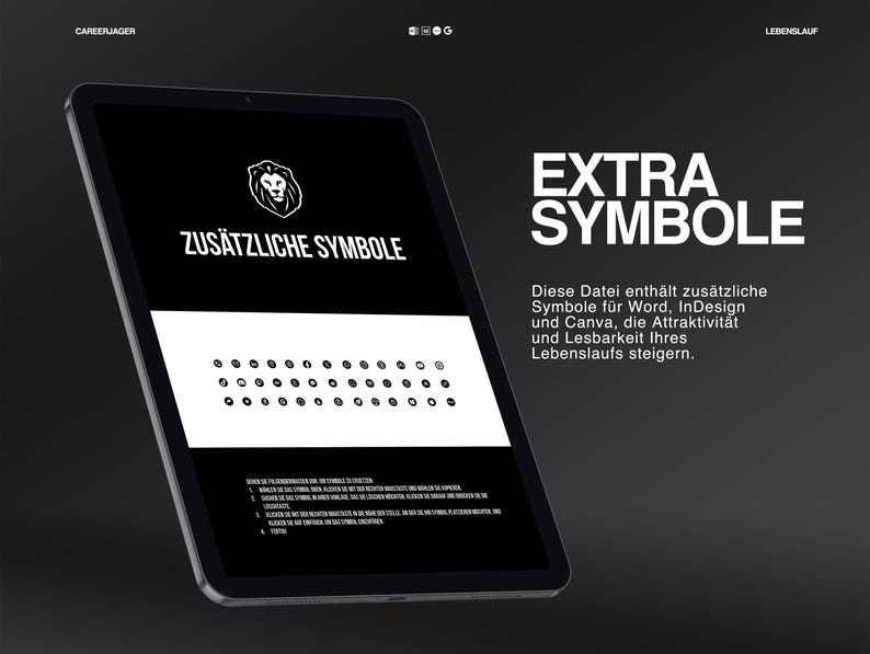 May include: A black tablet displays a white graphic with the text "ZUS&Auml;TZLICHE SYMBOLE" and a lion logo. The screen also shows a series of small black circles. The background is dark gray with the text "EXTRA SYMBOLE".