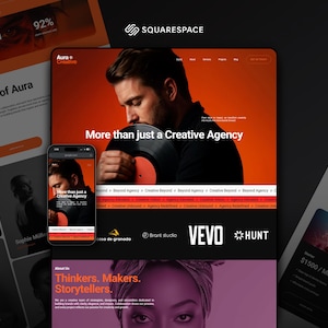 May include: A digital marketing and design concept with a Squarespace logo. The main image features a man holding a vinyl record with the text "More than just a Creative Agency." A smartphone displays the same image. Other panels show website mockups.