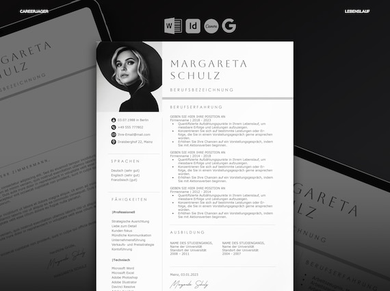 Bewerbungsvorlage Deutsch | Lebenslauf Vorlage für Word, Docs, InDesign, Canva | Modern & Professionell