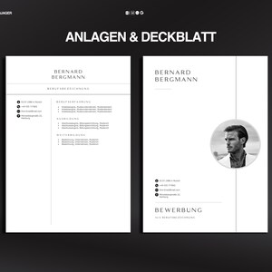 K&ouml;nnte beinhalten: Zweiseitiges Lebenslauf-Layout in Schwarzwei&szlig;. Die linke Seite zeigt einen detaillierten Lebenslauf, w&auml;hrend die rechte Seite ein Kopfbild von Bernard Bergmann und das Wort "Bewerbung" enth&auml;lt. Oben im Bild steht "ANLAGEN & DECKBLATT".