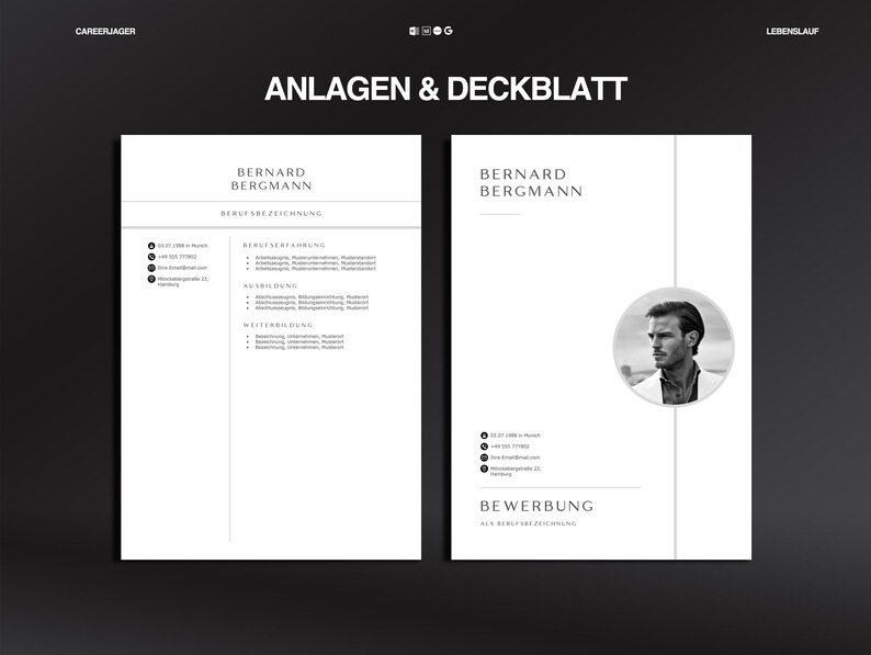 K&ouml;nnte beinhalten: Zweiseitiges Lebenslauf-Layout in Schwarzwei&szlig;. Die linke Seite zeigt einen detaillierten Lebenslauf, w&auml;hrend die rechte Seite ein Kopfbild von Bernard Bergmann und das Wort "Bewerbung" enth&auml;lt. Oben im Bild steht "ANLAGEN & DECKBLATT".