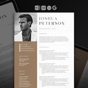 May include: A resume template with the name "Joshua Peterson" in a modern design. The resume includes sections for summary, experience, education, and skills. A headshot of a man in a white blazer is on the left.