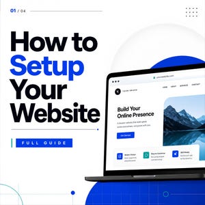 Puede incluir: Un gráfico digital que muestra un ordenador portátil con una interfaz de sitio web con el texto 'How to Setup Your Website' y 'FULL GUIDE' en letras negras y azules. La pantalla muestra una imagen de montaña y un menú de navegación.
