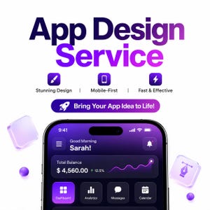 Peut inclure: Un graphique numérique faisant la promotion d'un service de conception d'applications avec du texte en dégradé violet. Il présente des icônes, un bouton Bring Your App Idea to Life et un smartphone affichant un tableau de bord financier.