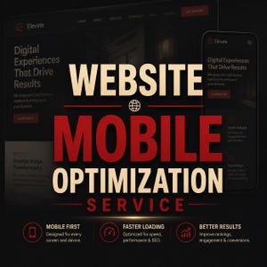 Op de afbeelding: Een digitaal ontwerp met een donker thema dat de tekst WEBSITE MOBILE OPTIMIZATION SERVICE in grote, vette letters weergeeft. Het bevat een mockup van een desktop- en mobiele interface met de tekst Digital Experiences That Drive Results.
