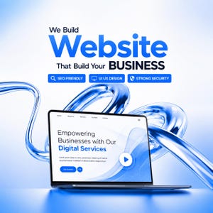 Może przedstawiać: Laptop wyświetlający stronę internetową z tekstem Empowering Businesses with Our Digital Services. Powyżej znajduje się napis We Build Website That Build Your BUSINESS oraz ikony SEO FRIENDLY, UI UX DESIGN i STRONG SECURITY na niebieskich wstęgach.
