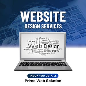 Op de afbeelding: Een zilveren laptop met een woordwolk van webdesigntermen, waaronder "Web Design", "Logos" en "Branding". De afbeelding bevat ook de tekst "WEBSITE DESIGN SERVICES", "INBOX YOU DETAILS" en "Prime Web Solution."