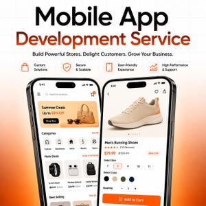 Op de afbeelding: Twee smartphones met een mobiele e-commerce applicatie-interface. De schermen tonen productlijsten, categorieën en winkelwagenfuncties met tekst waaronder Mobile App Development Service, Summer Deals en Men's Running Shoes.