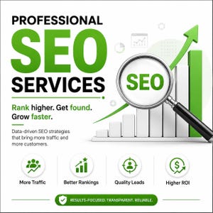 Peut inclure: Une publicité graphique pour des services de référencement professionnel avec le texte "PROFESSIONAL SEO SERVICES", "Rank higher. Get found. Grow faster." et "Data-driven SEO strategies". Elle inclut une loupe sur un graphique.