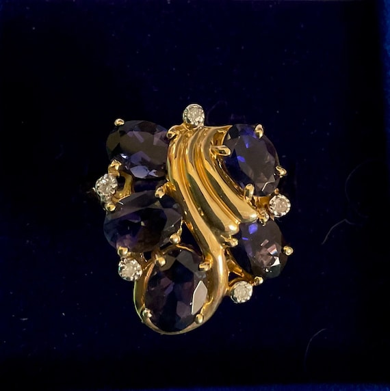 Unique 14k YG Iolite & Diamond Statement Ring - image 1