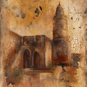 Puede incluir: Una pintura texturizada que muestra una torre cil&iacute;ndrica alta y un muro de piedra con dos puertas arqueadas. La obra utiliza una paleta de tonos ocre, marr&oacute;n y bronceado c&aacute;lidos con un acabado agrietado prominente en toda la superficie.
