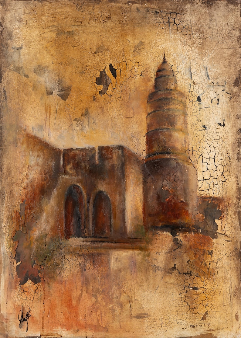 Puede incluir: Una pintura texturizada que muestra una torre cil&iacute;ndrica alta y un muro de piedra con dos puertas arqueadas. La obra utiliza una paleta de tonos ocre, marr&oacute;n y bronceado c&aacute;lidos con un acabado agrietado prominente en toda la superficie.