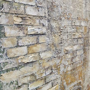 Pu&ograve; includere: Una superficie murale testurizzata con un motivo a mattoni usurati e una finitura invecchiata. La parete presenta un mix di toni beige, marrone chiaro e grigio con strati scrostati e linee di malta irregolari che creano un aspetto realistico.
