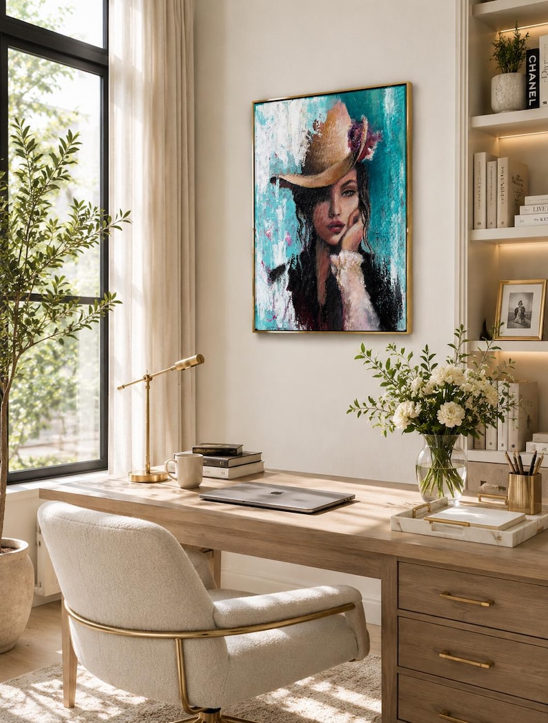 May include: A rectangular wall art piece featuring a portrait of a person wearing a wide-brimmed hat, rendered in textured brushstrokes. The color palette includes shades of teal, white, black, and brown, with a gold frame surrounding the canvas.
