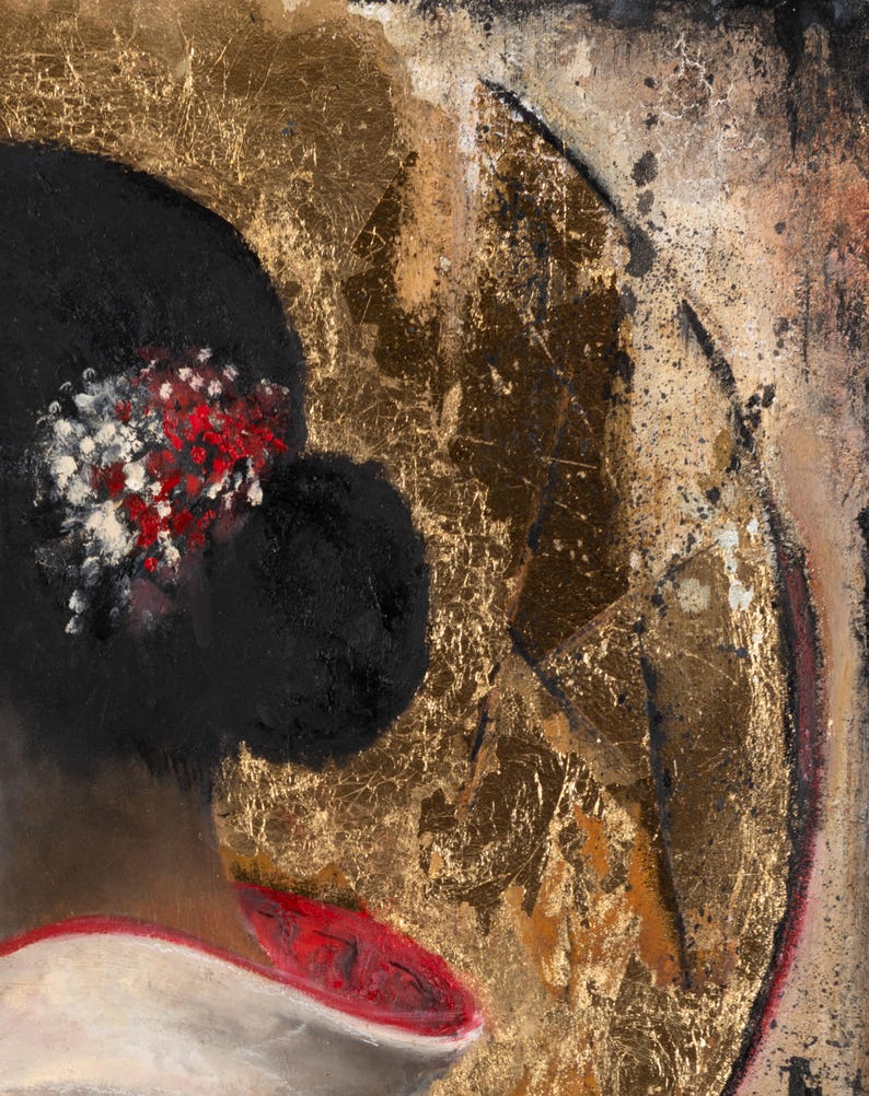 May include: A painting featuring a dark-haired figure with a red and white floral hair accessory, set against a textured gold leaf background. The composition includes a white garment with a red trim, rendered in a mixed media style with dark tones.