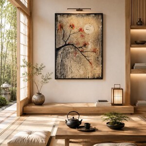 Puede incluir: Una pieza de arte mural rectangular que presenta una rama de &aacute;rbol negra con flores rojas sobre un fondo beige texturizado con una luna p&aacute;lida. La obra est&aacute; enmarcada en negro y montada en una pared sobre una plataforma baja y una mesa de madera.