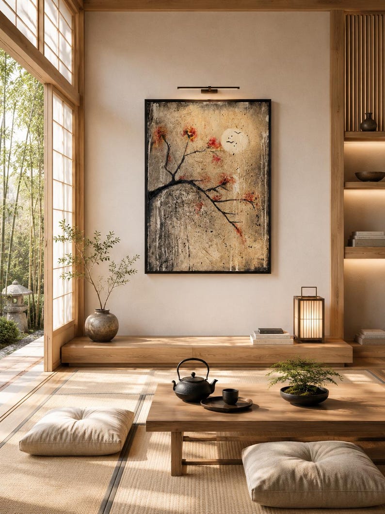 Puede incluir: Una pieza de arte mural rectangular que presenta una rama de &aacute;rbol negra con flores rojas sobre un fondo beige texturizado con una luna p&aacute;lida. La obra est&aacute; enmarcada en negro y montada en una pared sobre una plataforma baja y una mesa de madera.