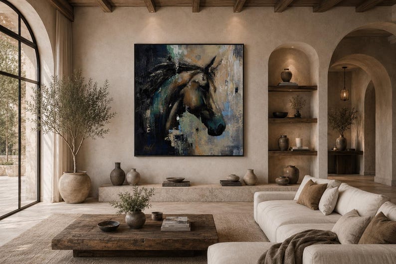 Puede incluir: Una gran pieza de arte mural cuadrada que presenta una pintura abstracta de una cabeza de caballo de perfil. La obra utiliza una paleta de tonos negro profundo, marr&oacute;n oscuro y azul apagado con pinceladas texturizadas sobre un fondo neutro.