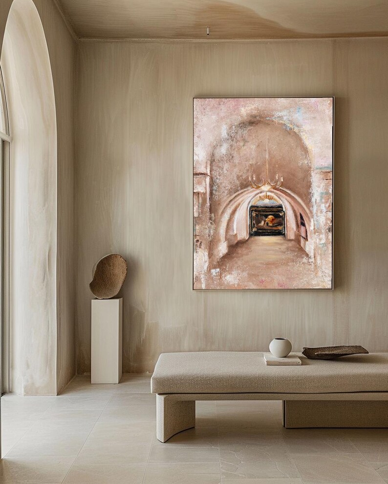 May include: A large rectangular wall art piece featuring an impressionistic painting of a stone archway with a chandelier and a dark framed picture in the distance. The artwork uses a palette of beige, cream, and soft pink tones with textured brushstrokes.