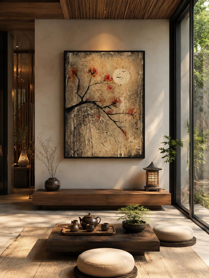 May include: A rectangular framed wall art piece featuring a textured beige and grey background with a dark tree branch, red blossoms, and a pale moon. The artwork hangs above a low wooden console table in a room with a tea set and floor cushions.